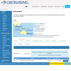 14 Nights Carnival Cruise Singapore to Brisbane 30/11/26 $1007 Quad $1147 Twin Nov 30 Departure @ OzCruising