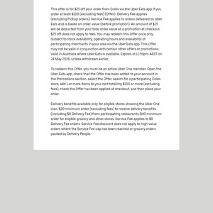 [Uber One] $25 off $100 Spend @ Coles via Uber Eats