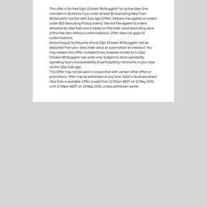 [Uber One] Free 10pc Chicken McNuggets (Min $1 Spend) @ McDonald's via Uber Eats