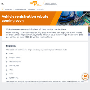 [VIC] 20% Car Rego Rebate  (Jun–Jul 2026) (Up to $186 per Vehicle, Max 2 Vehicles) @ Service Victoria