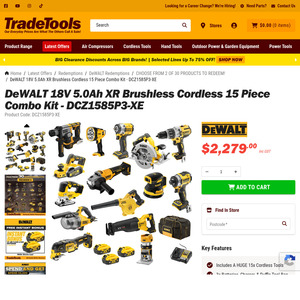 DeWalt 15 Piece Combo Kit + Bonus 4 batteries, 2 skins (your choice), Mower $2279 @ TradeTools