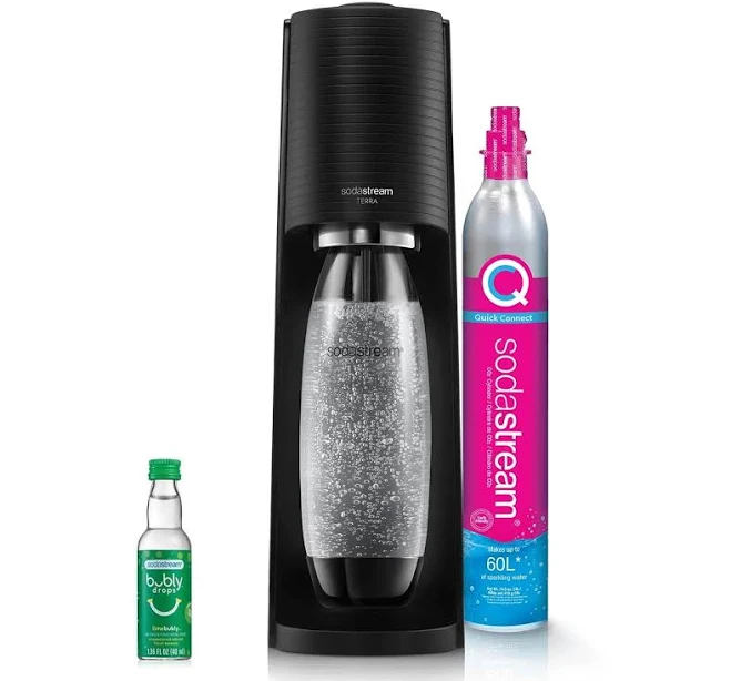 Sodastream - TERRA Black Sparkling Water Maker and lime bubly drop, Turn sparkling water into your favourite drinks, Quick Connect CO2, Eco-Friendly Reusable Bottle, Stylish Kitchen Appliance