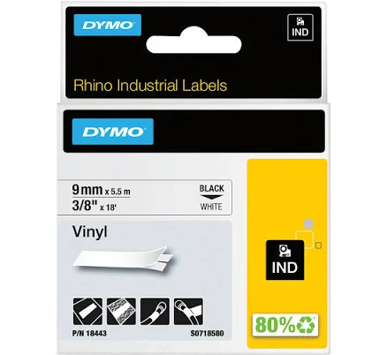 Dymo 18443 Rhino Industrial Tape Vinyl 9mm (Black On White)