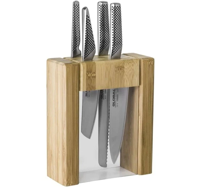 Global Ikasu V 5-Piece Knife Block Set, Made in Japan, Bamboo Storage Block,Silver