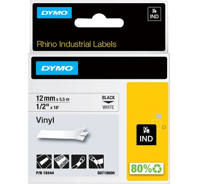 Dymo 18444 Rhino Industrial Tape Vinyl 12mm (Black On White)