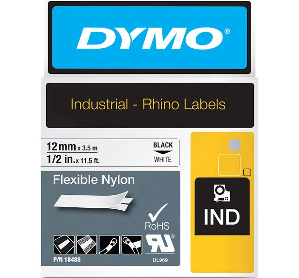 Dymo 18488 Rhino Industrial Tape Flexible Nylon 12mm (Black On White)
