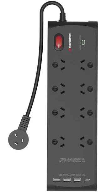 Monster USB 8 Port Surge Protector Power Board (Black)